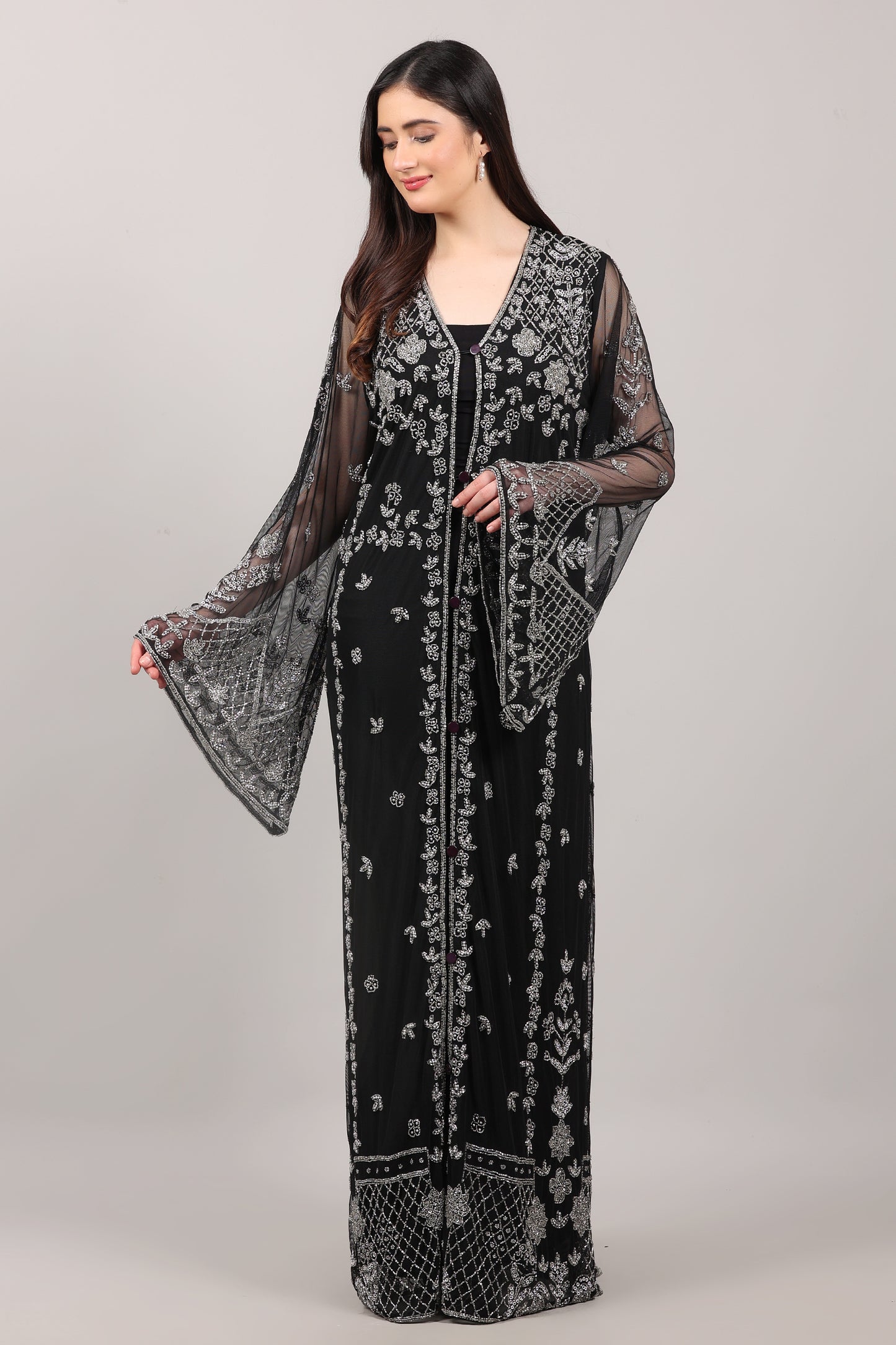 Black Hand-Embroidered Net Couture Kaftan with Bell Sleeves