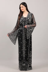 Black Hand-Embroidered Net Couture Kaftan with Bell Sleeves