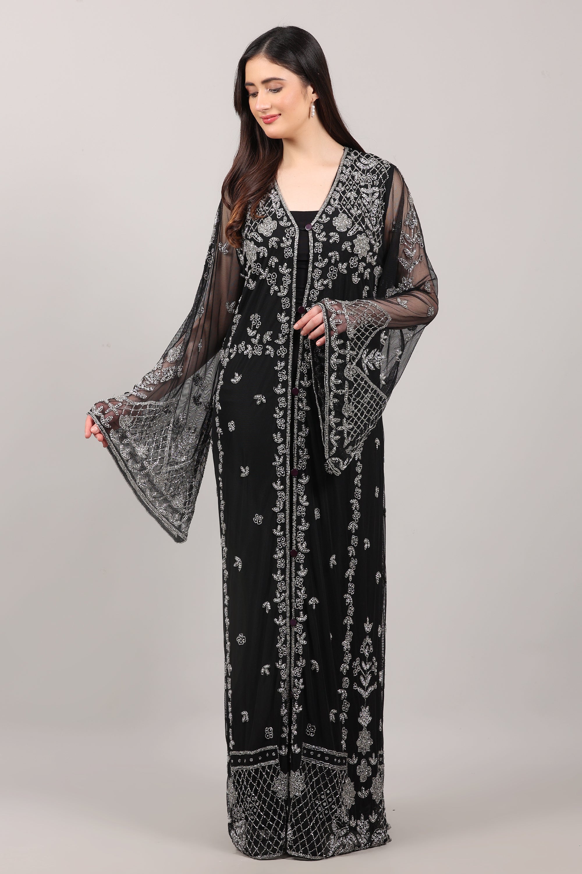 Black Hand-Embroidered Net Couture Kaftan with Bell Sleeves