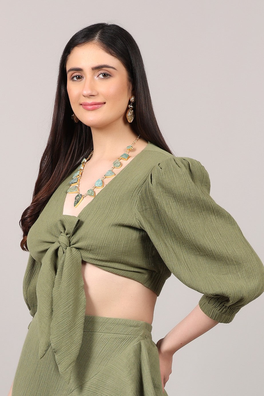Organic Cotton Front-Knot Puff Sleeve Crop Top