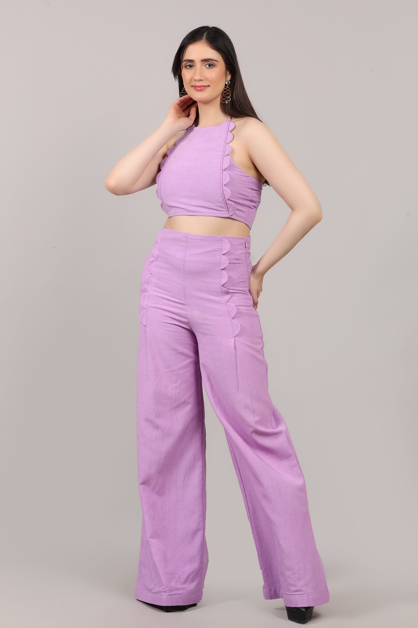 Lavender Cotton Linen Scallop Design Co-Ord Set with Backless Halter Top