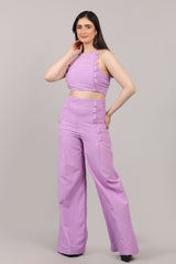 Lavender Cotton Linen Scallop Design Co-Ord Set with Backless Halter Top