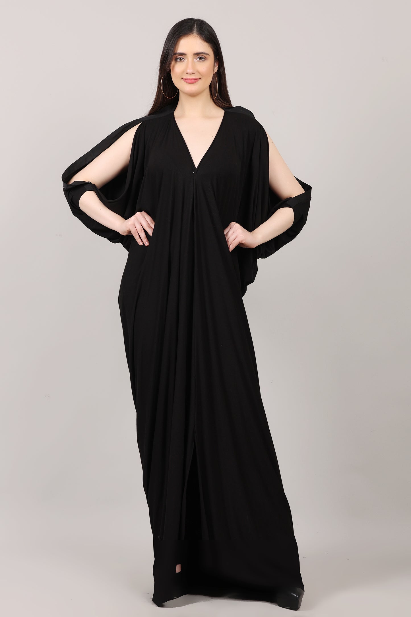 Solid Black Lycra V-Neck Kaftan Dress with Sleeve Slit Design