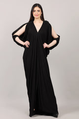 Solid Black Lycra V-Neck Kaftan Dress with Sleeve Slit Design