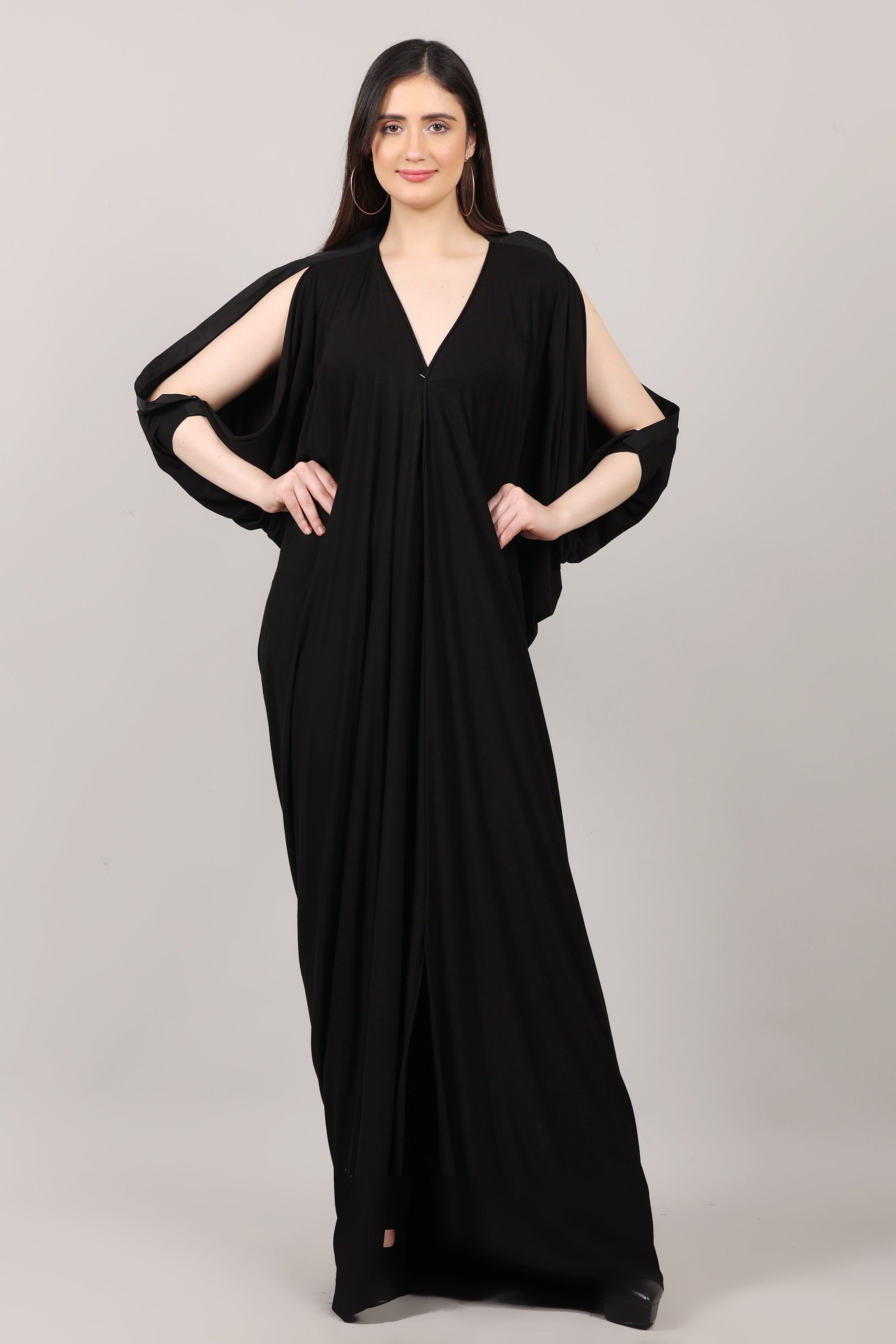 Solid Black Lycra V-Neck Kaftan Dress with Sleeve Slit Design