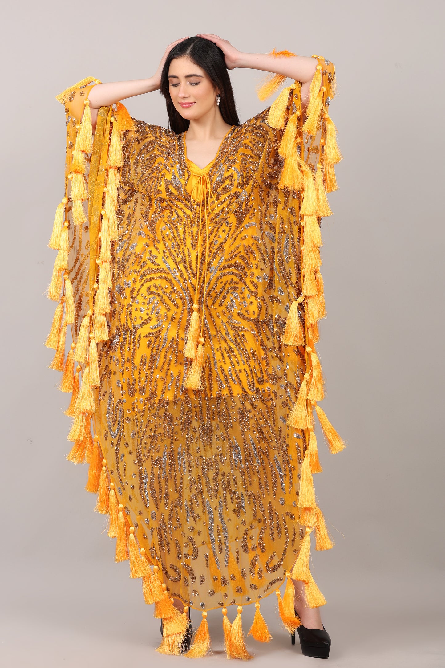 Mustard Hand-Embellished Couture Kaftan with Tassel Detailing