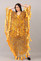 Mustard Hand-Embellished Couture Kaftan with Tassel Detailing