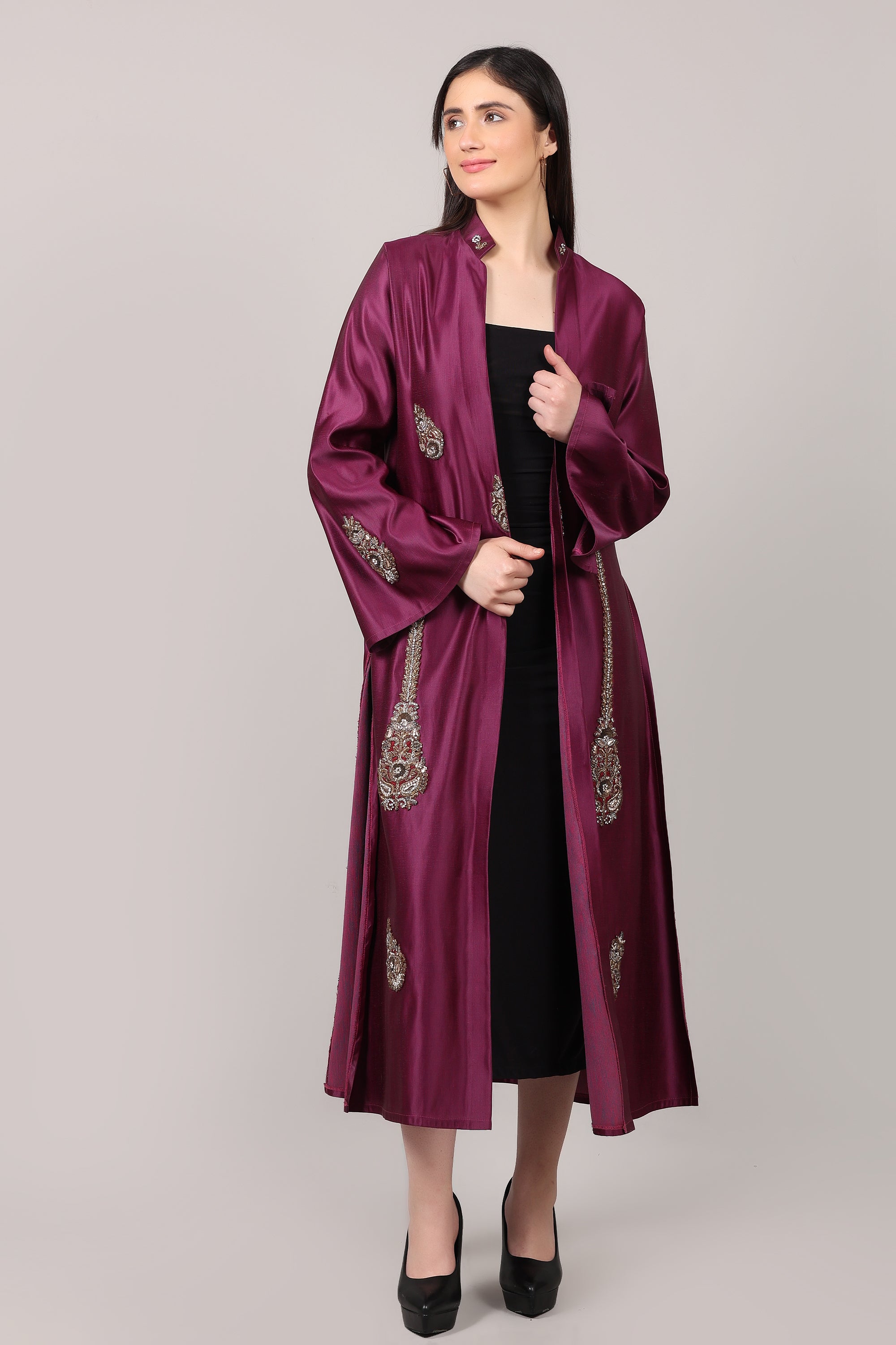 Royal Wine Embroidered Long Shrug