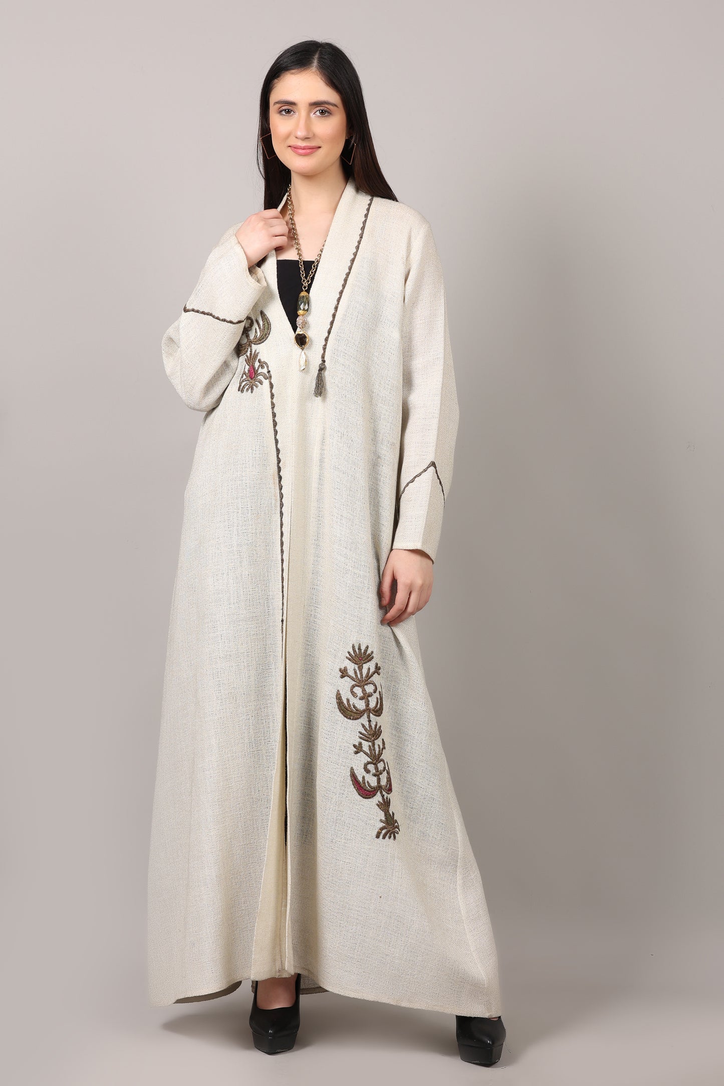 Ivory Elegance Cotton Embroidered Long Shrug
