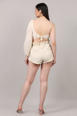 Organic Cotton One-Sleeve Knot Top & Drawstring Shorts Co-Ord Set