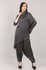 Black Printed Modal Satin Asymmetrical Co-Ord Set