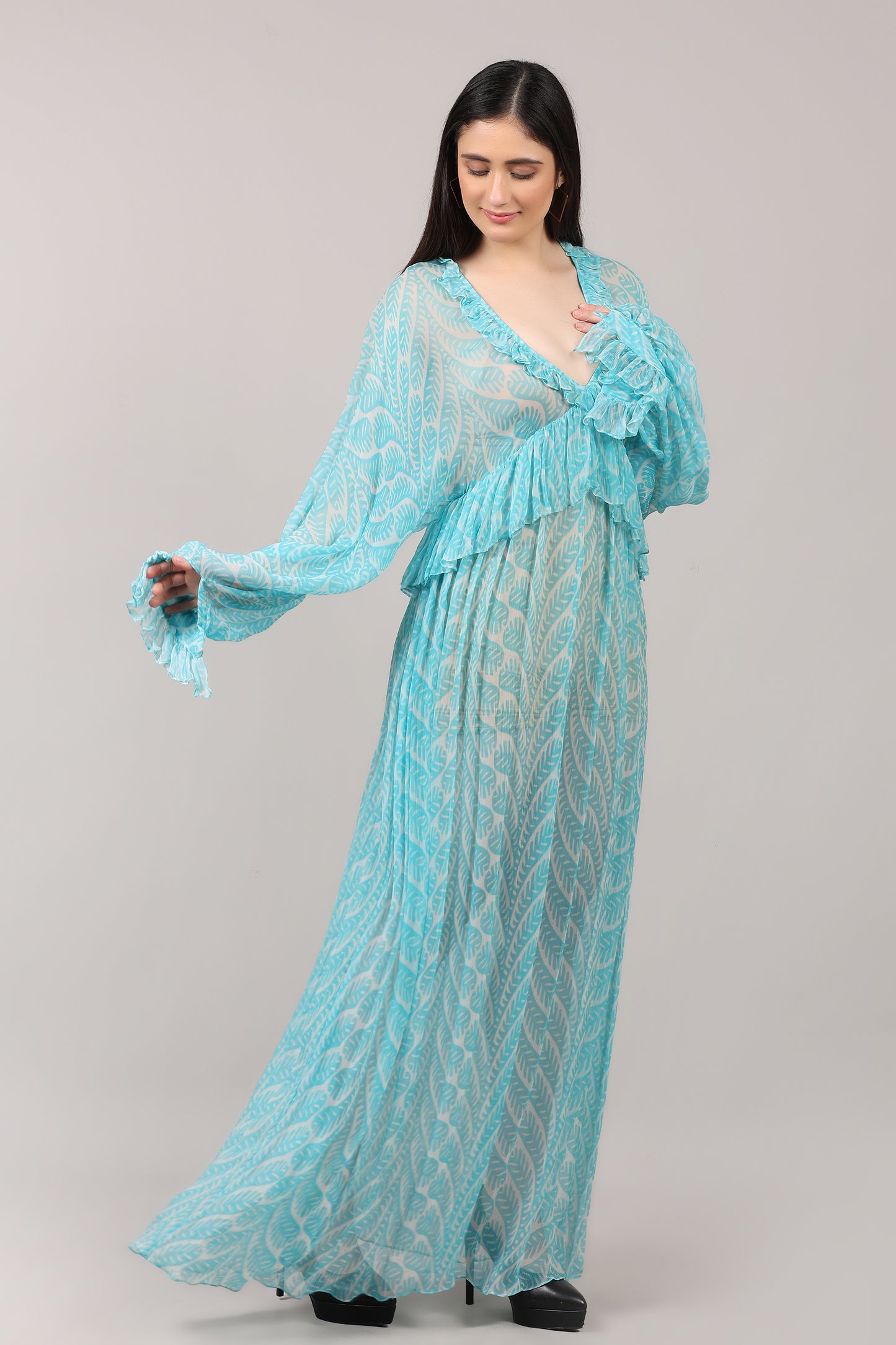 Aqua Breeze Printed Viscose Chiffon Maxi Dress
