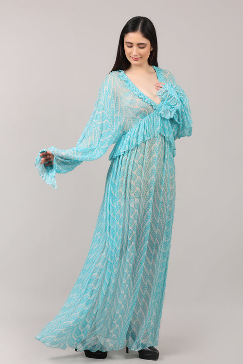 Aqua Breeze Printed Viscose Chiffon Maxi Dress