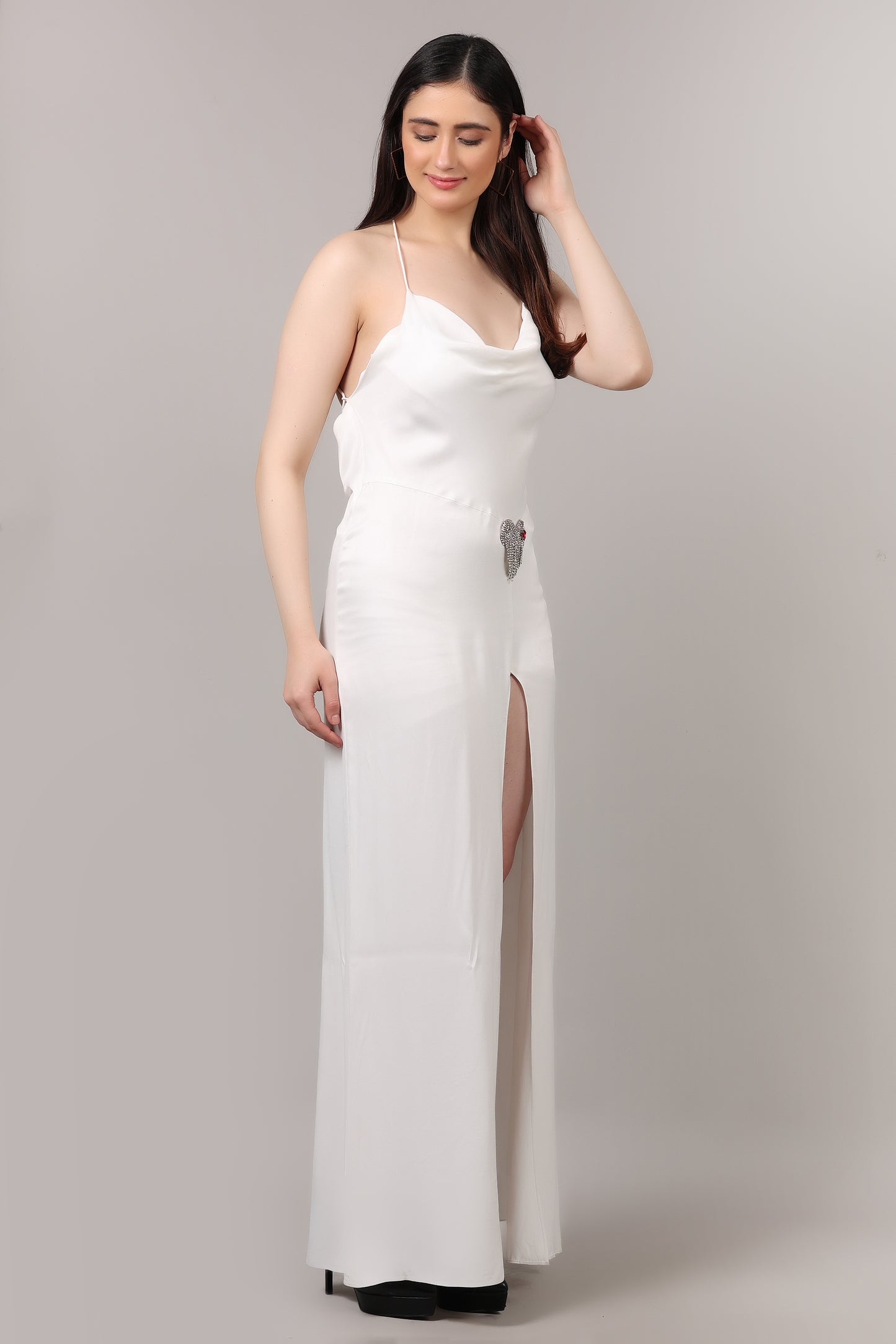 White Satin Tencel Cowl Neck Maxi Dress with Heart Brooch & Front High Slit