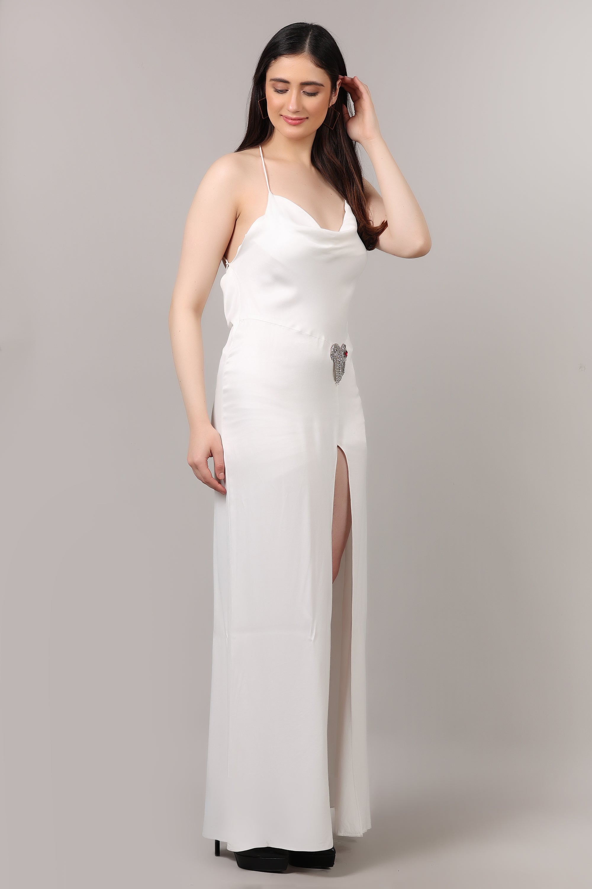 White Satin Tencel Cowl Neck Maxi Dress with Heart Brooch & Front High Slit