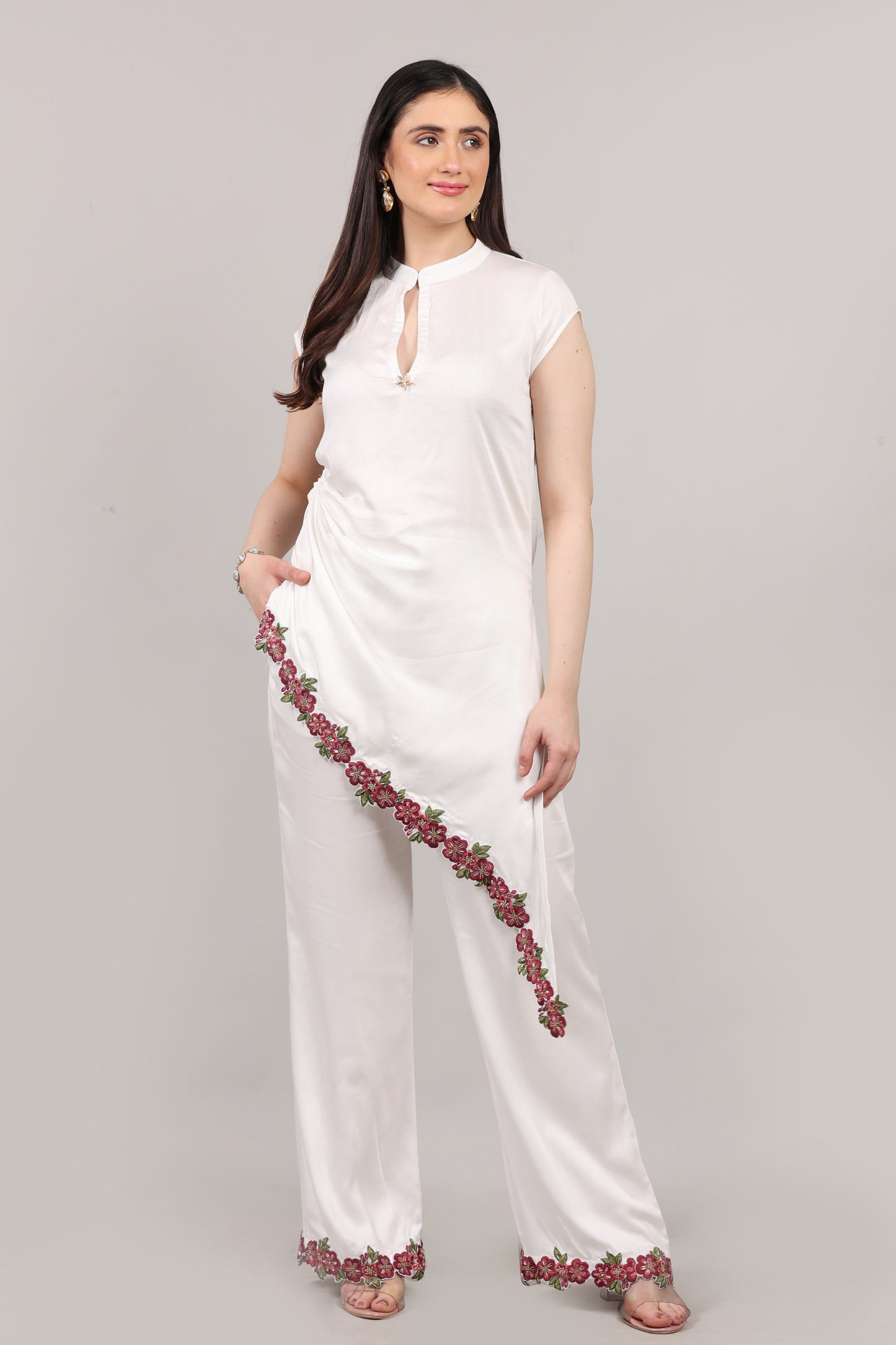 White Tencel Co-Ord Set with Handcrafted Zardosi Embellished Hem