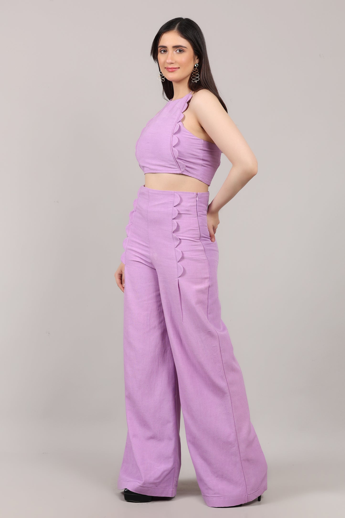 Lavender Cotton Linen Scallop Design Co-Ord Set with Backless Halter Top
