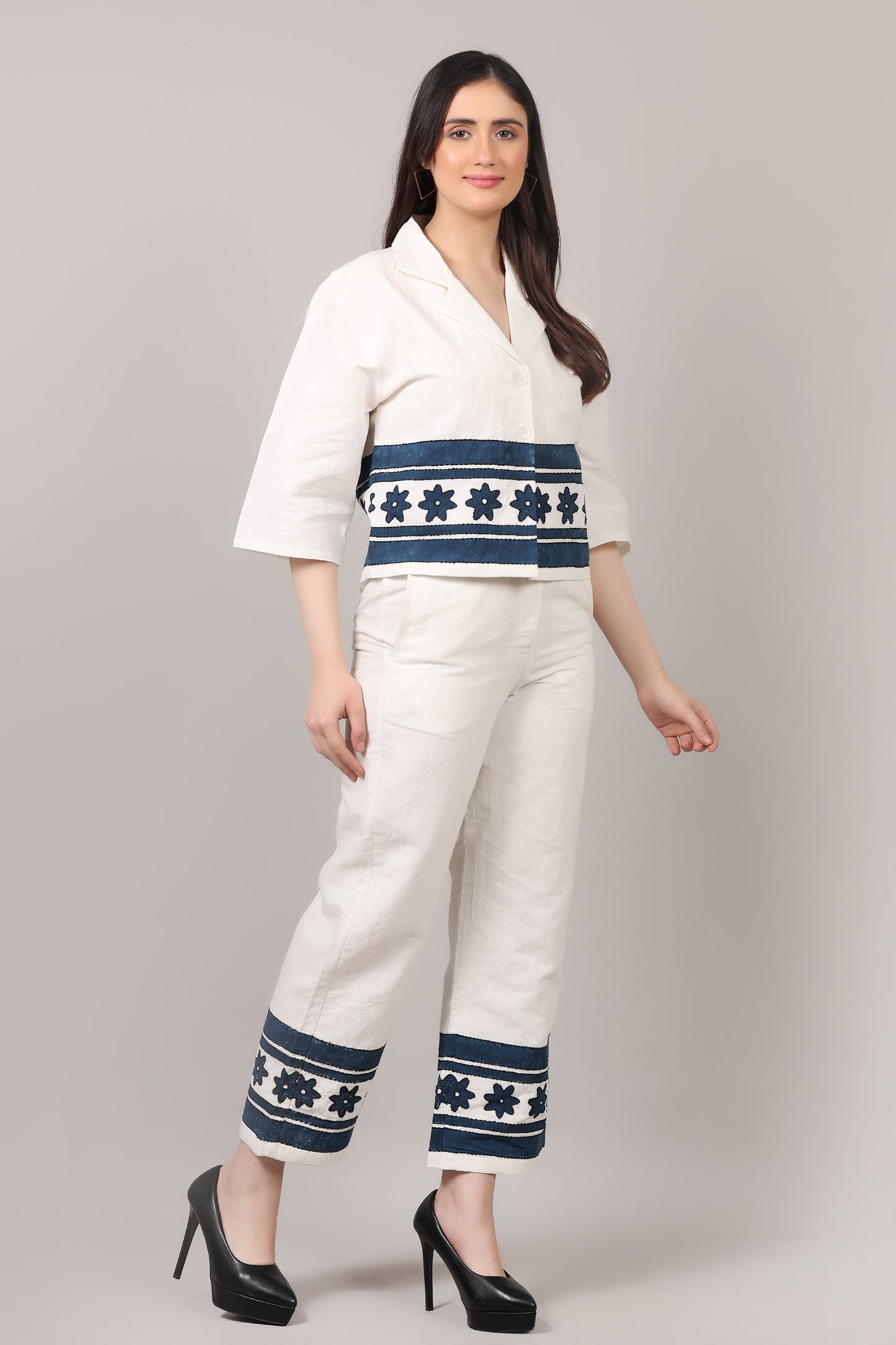 Off-White Hand Block Printed Cotton Linen Co-Ord Set with Katha Embroidery