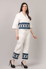 Off-White Hand Block Printed Cotton Linen Co-Ord Set with Katha Embroidery