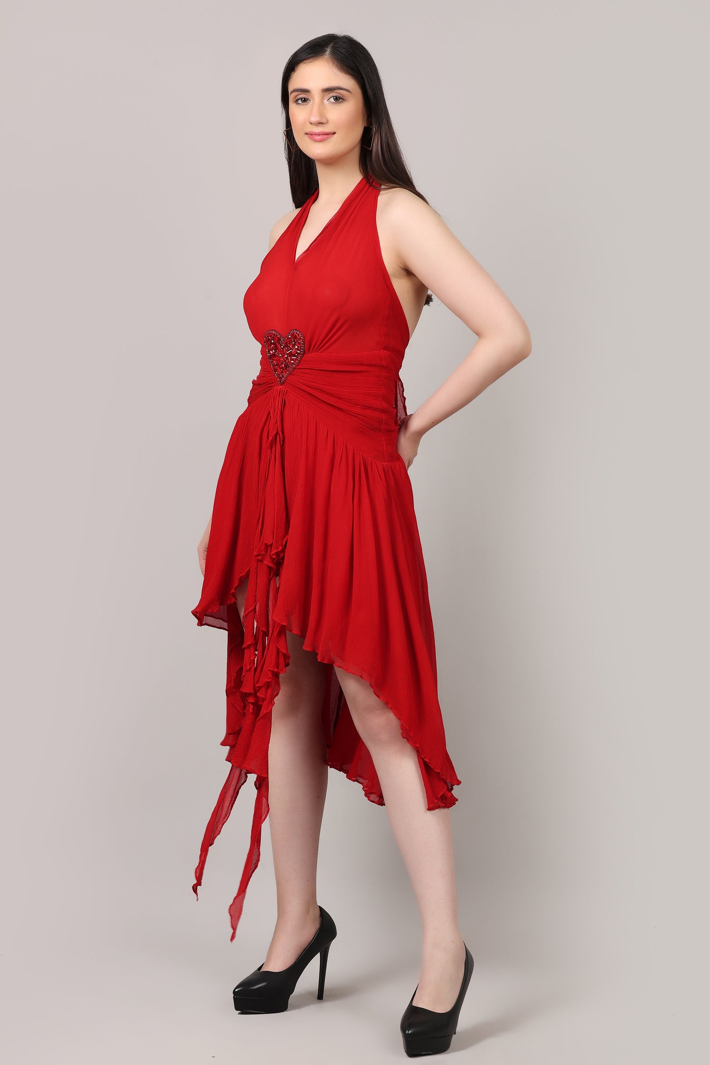 Red Backless V-Neck Hand-Embellished Heart Brooch Chiffon Dress