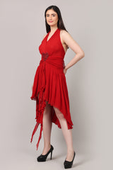 Red Backless V-Neck Hand-Embellished Heart Brooch Chiffon Dress