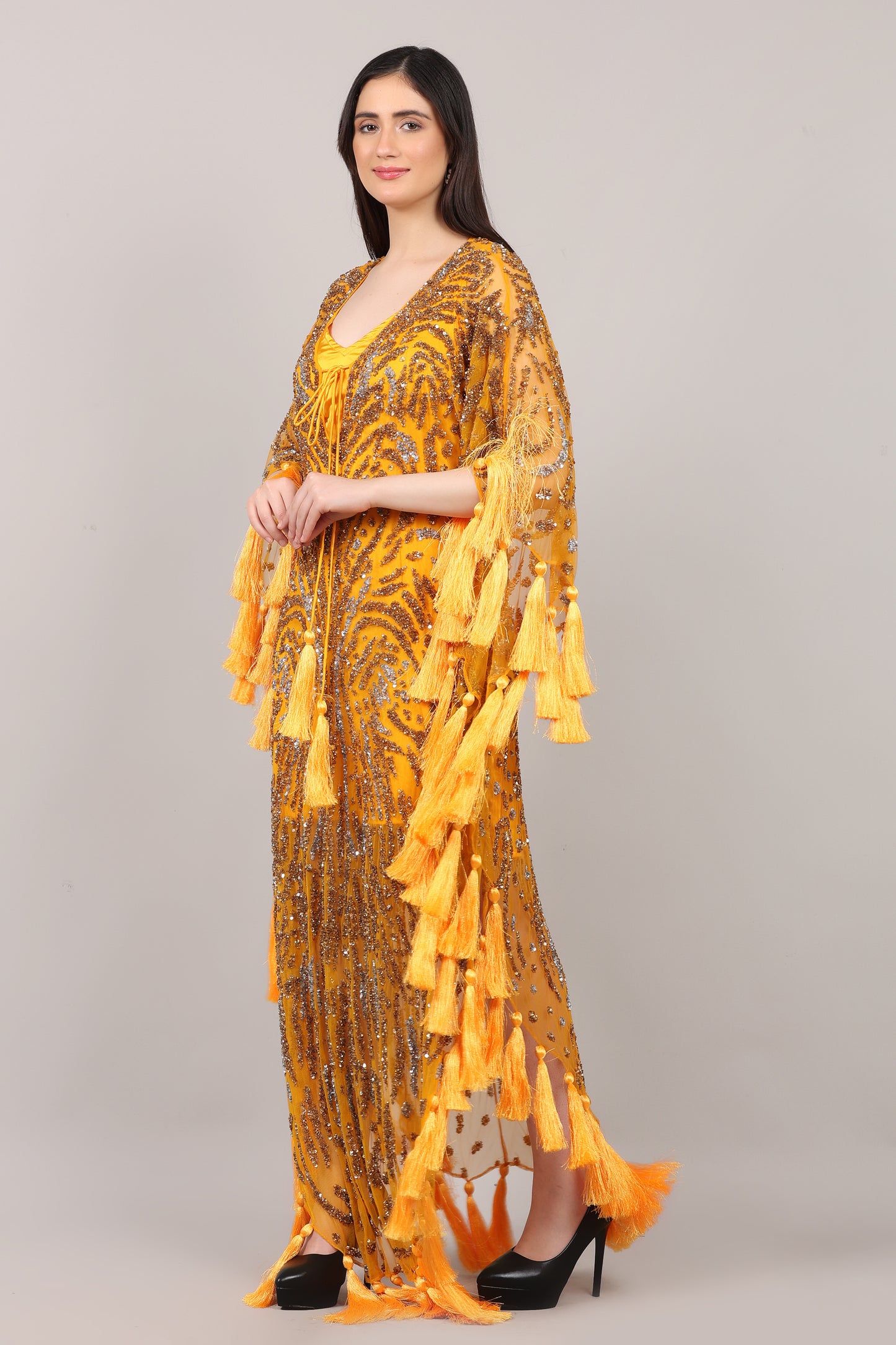 Mustard Hand-Embellished Couture Kaftan with Tassel Detailing