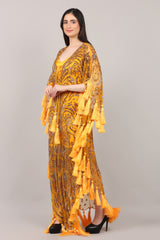Mustard Hand-Embellished Couture Kaftan with Tassel Detailing