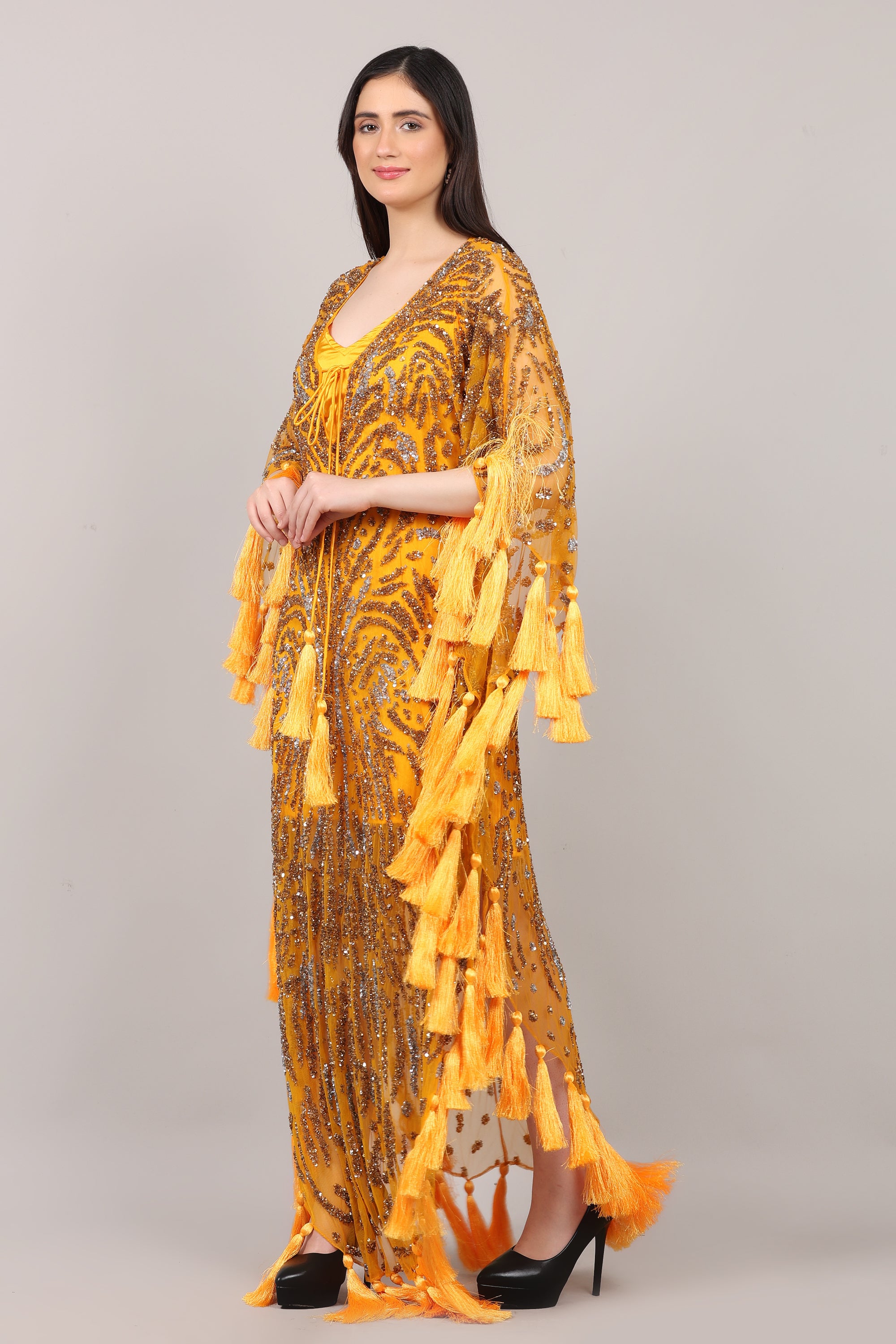 Mustard Hand-Embellished Couture Kaftan with Tassel Detailing