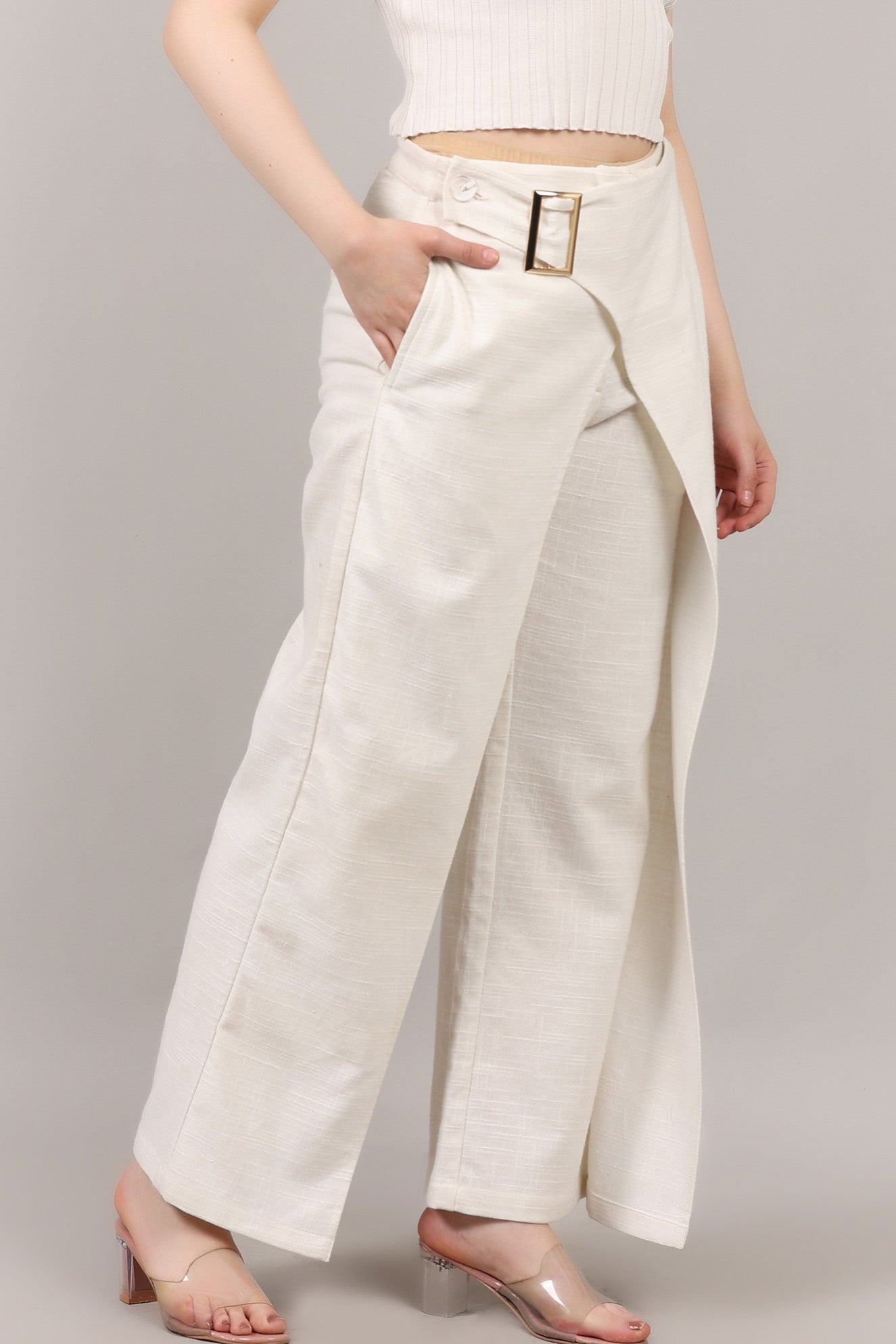 Elegant Wrap Style Slub Cotton Pant with Statement Buckle
