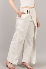 Elegant Wrap Style Slub Cotton Pant with Statement Buckle
