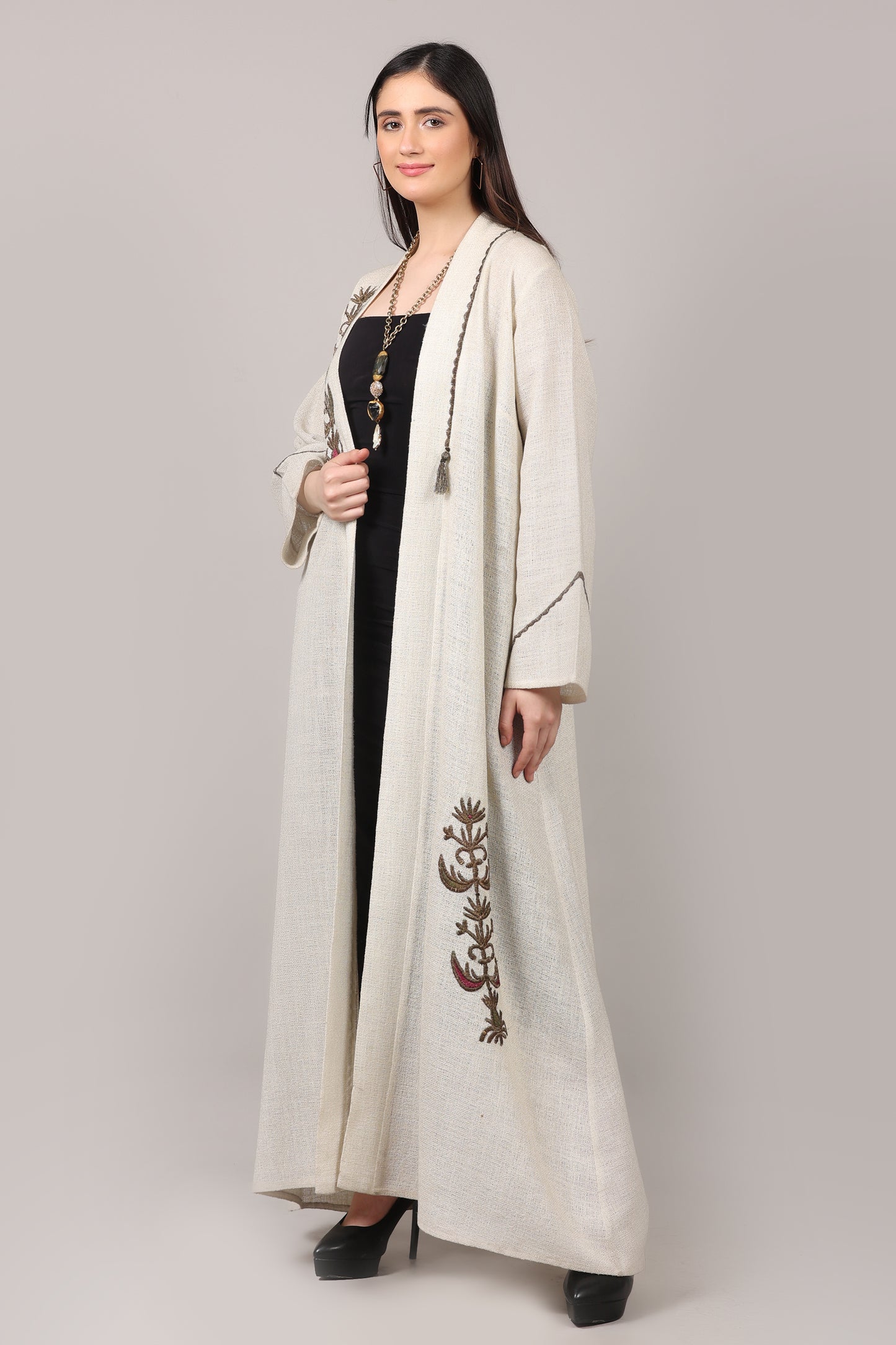 Ivory Elegance Cotton Embroidered Long Shrug