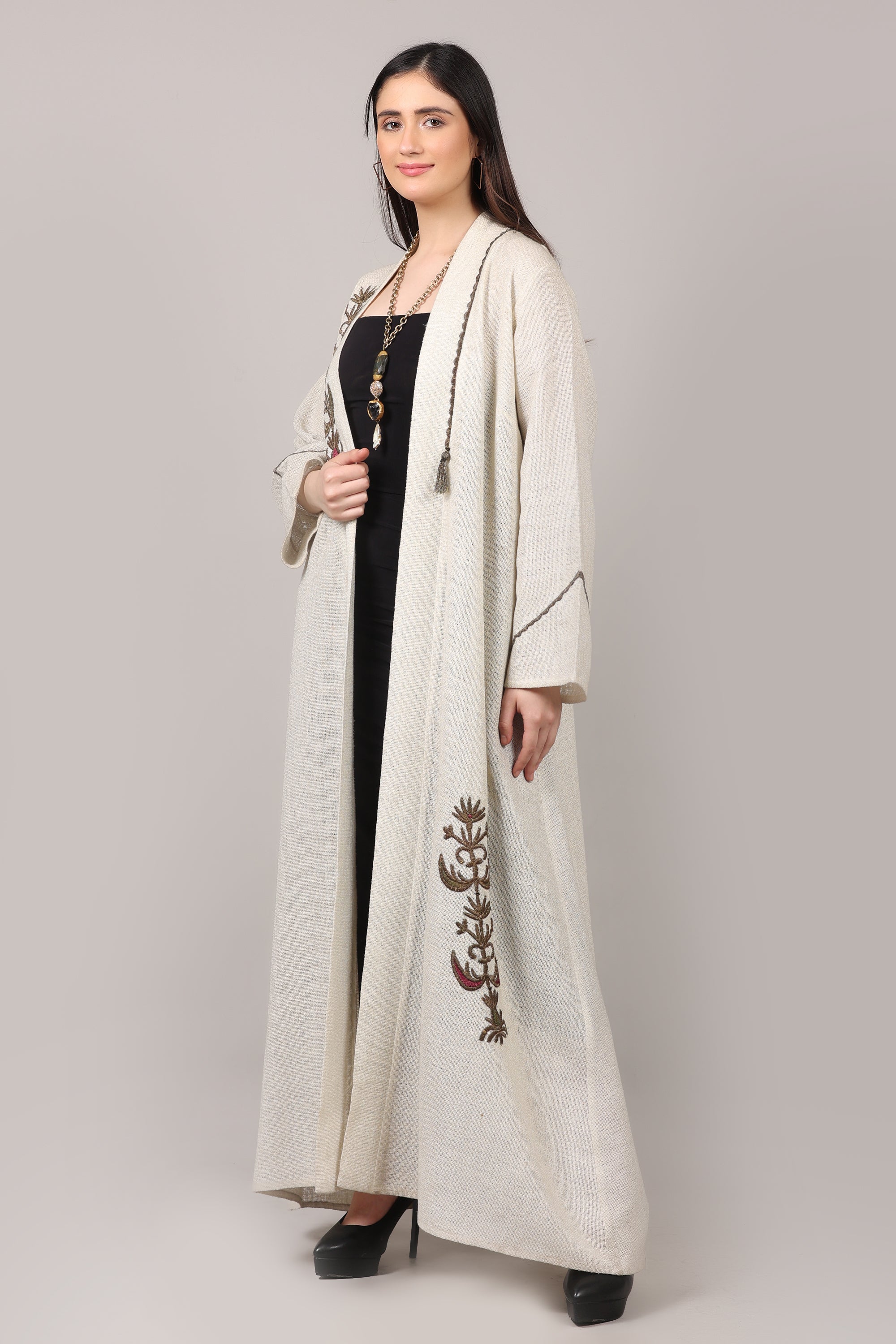 Ivory Elegance Cotton Embroidered Long Shrug
