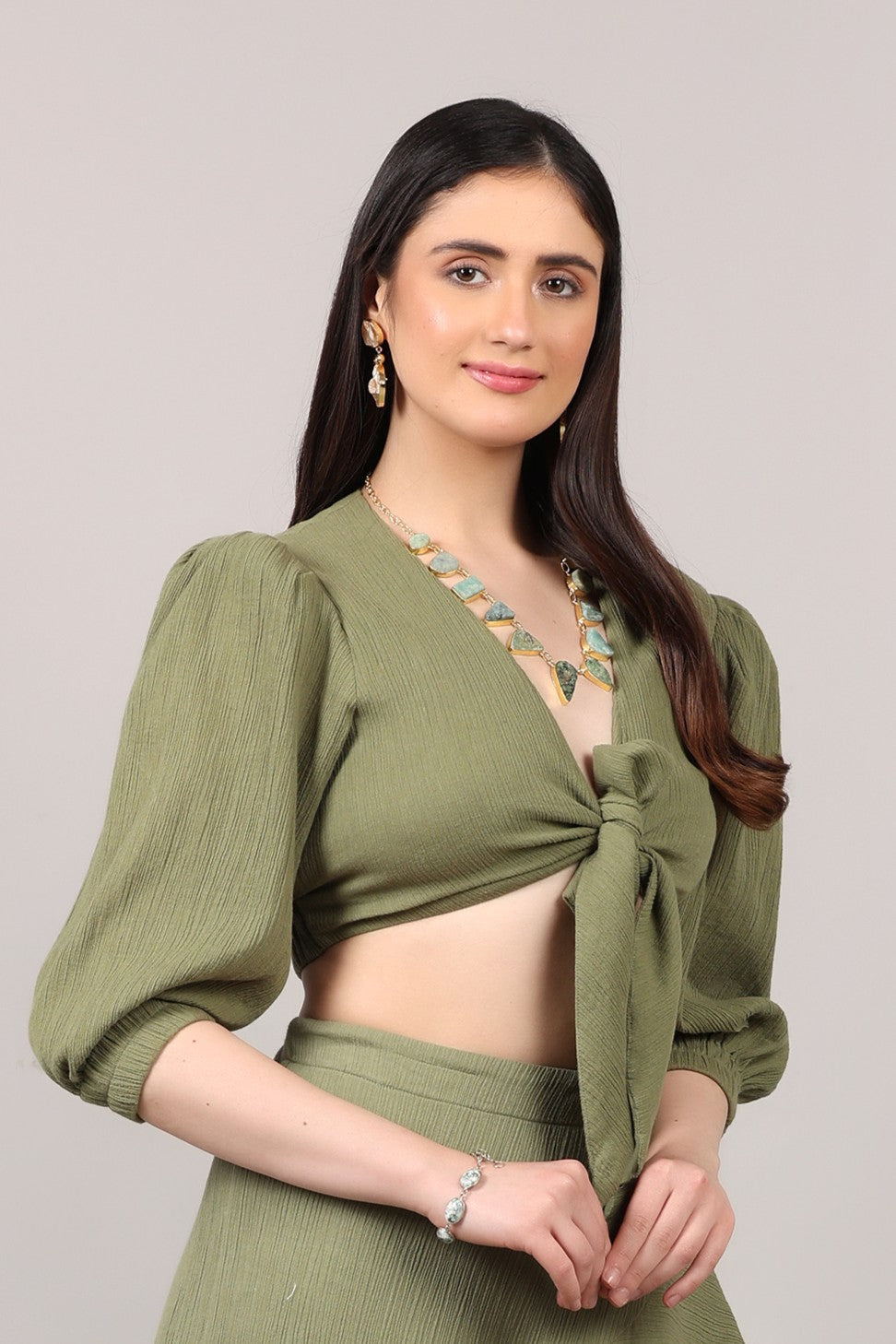 Organic Cotton Front-Knot Puff Sleeve Crop Top