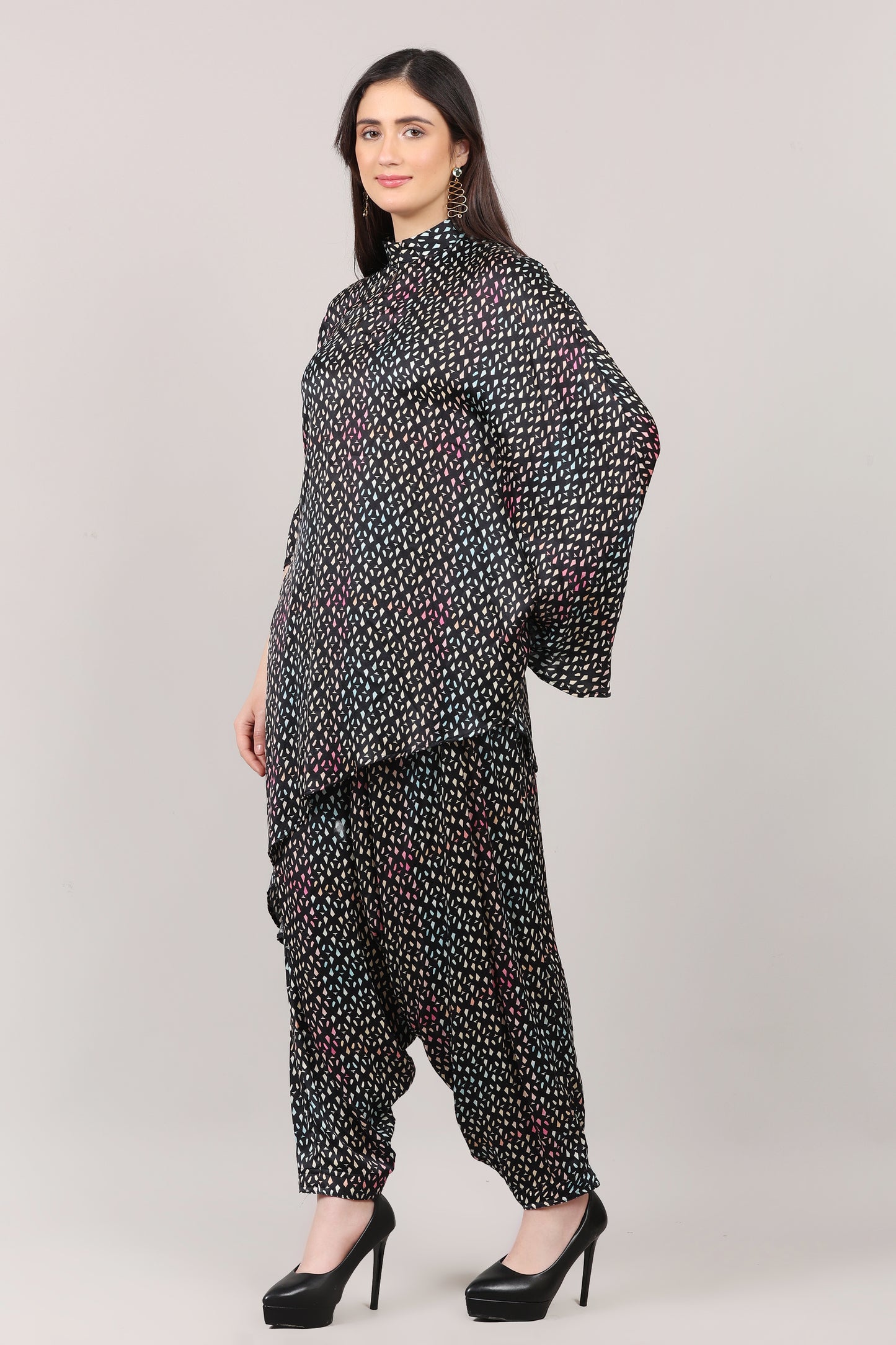 Black Printed Modal Satin Asymmetrical Co-Ord Set