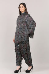 Black Printed Modal Satin Asymmetrical Co-Ord Set