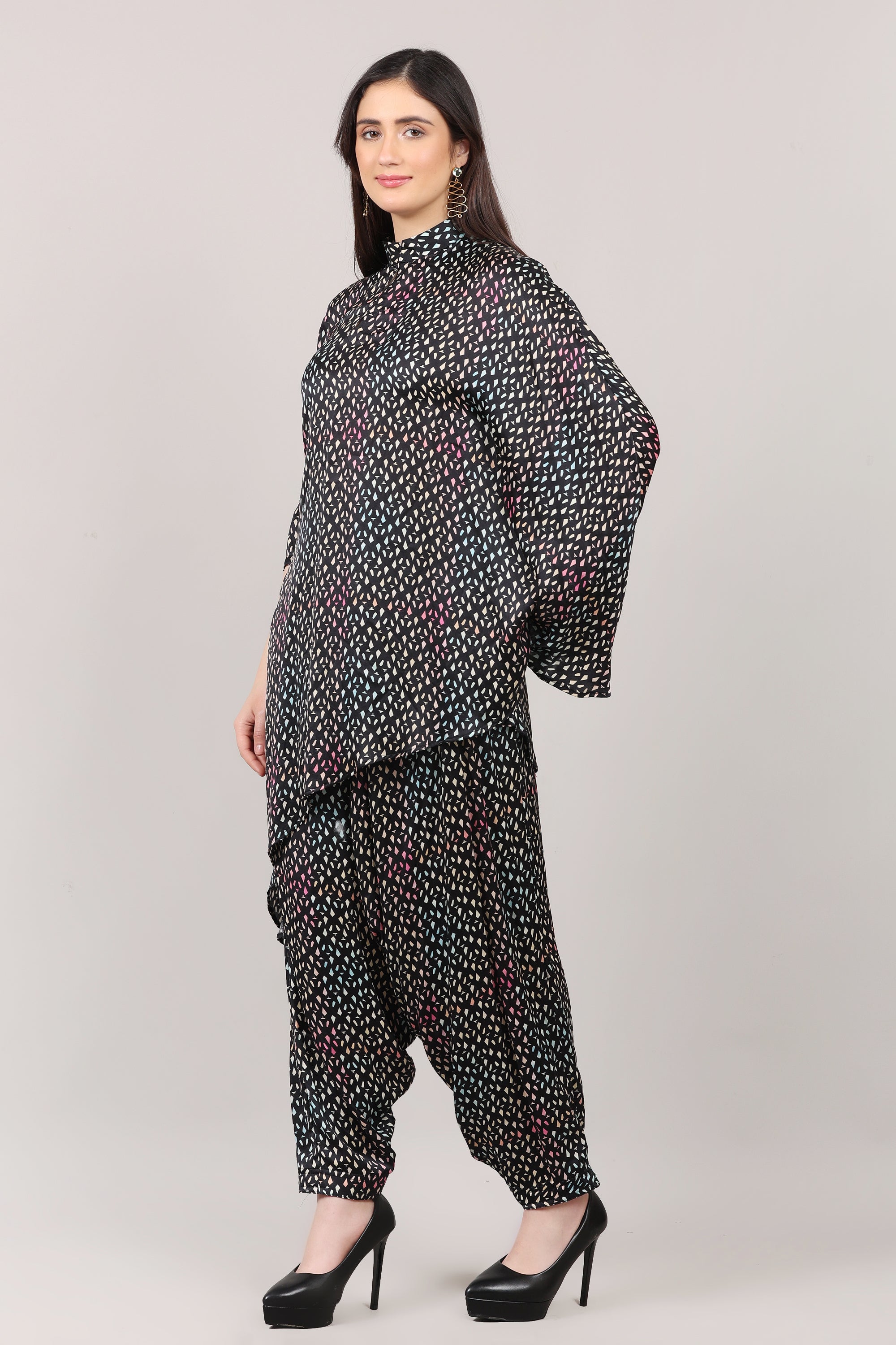 Black Printed Modal Satin Asymmetrical Co-Ord Set