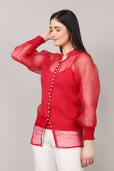 Red Silk Organza Pearl Button Shirt with Lycra Cami