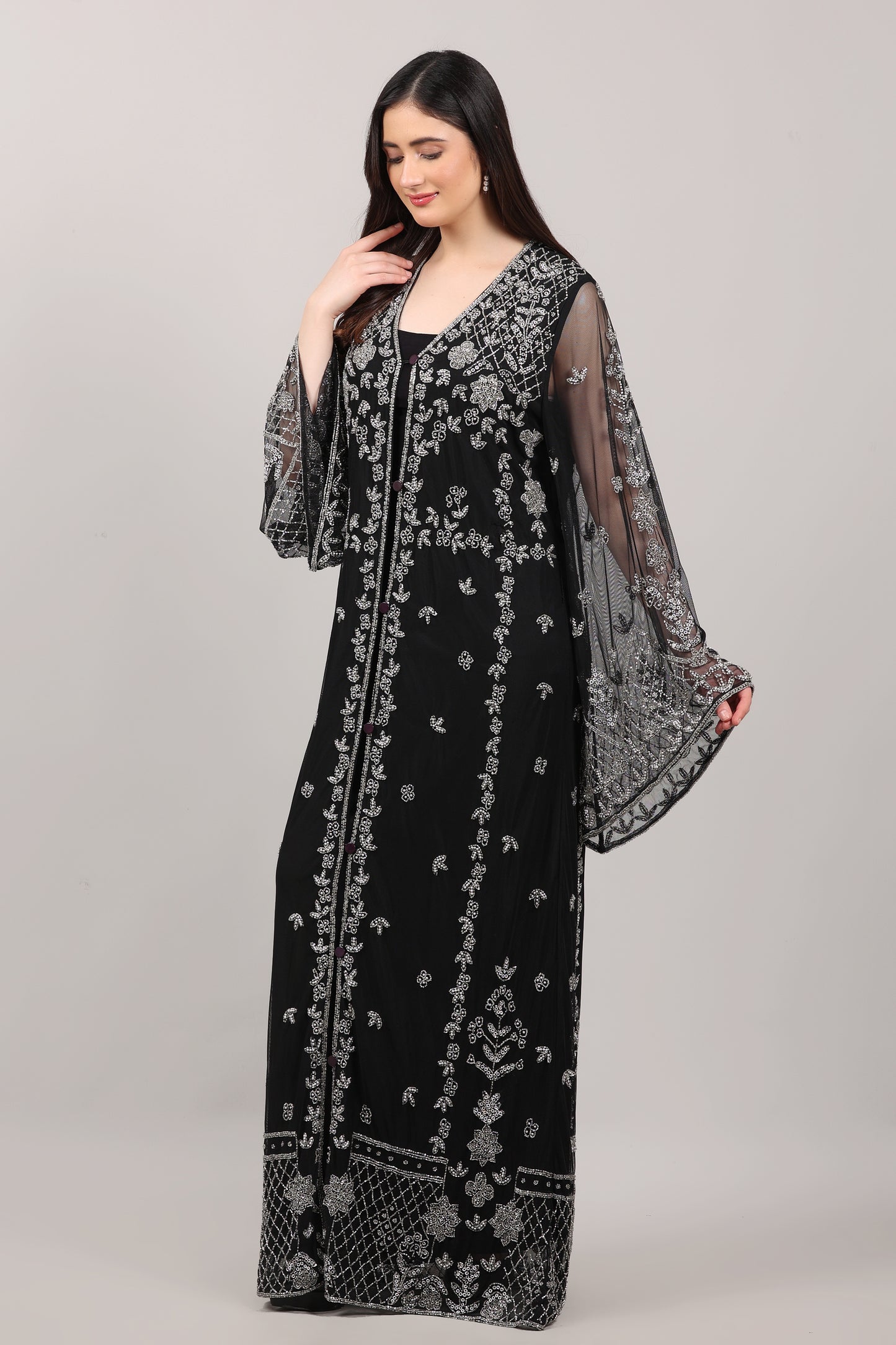 Black Hand-Embroidered Net Couture Kaftan with Bell Sleeves