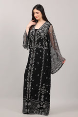 Black Hand-Embroidered Net Couture Kaftan with Bell Sleeves