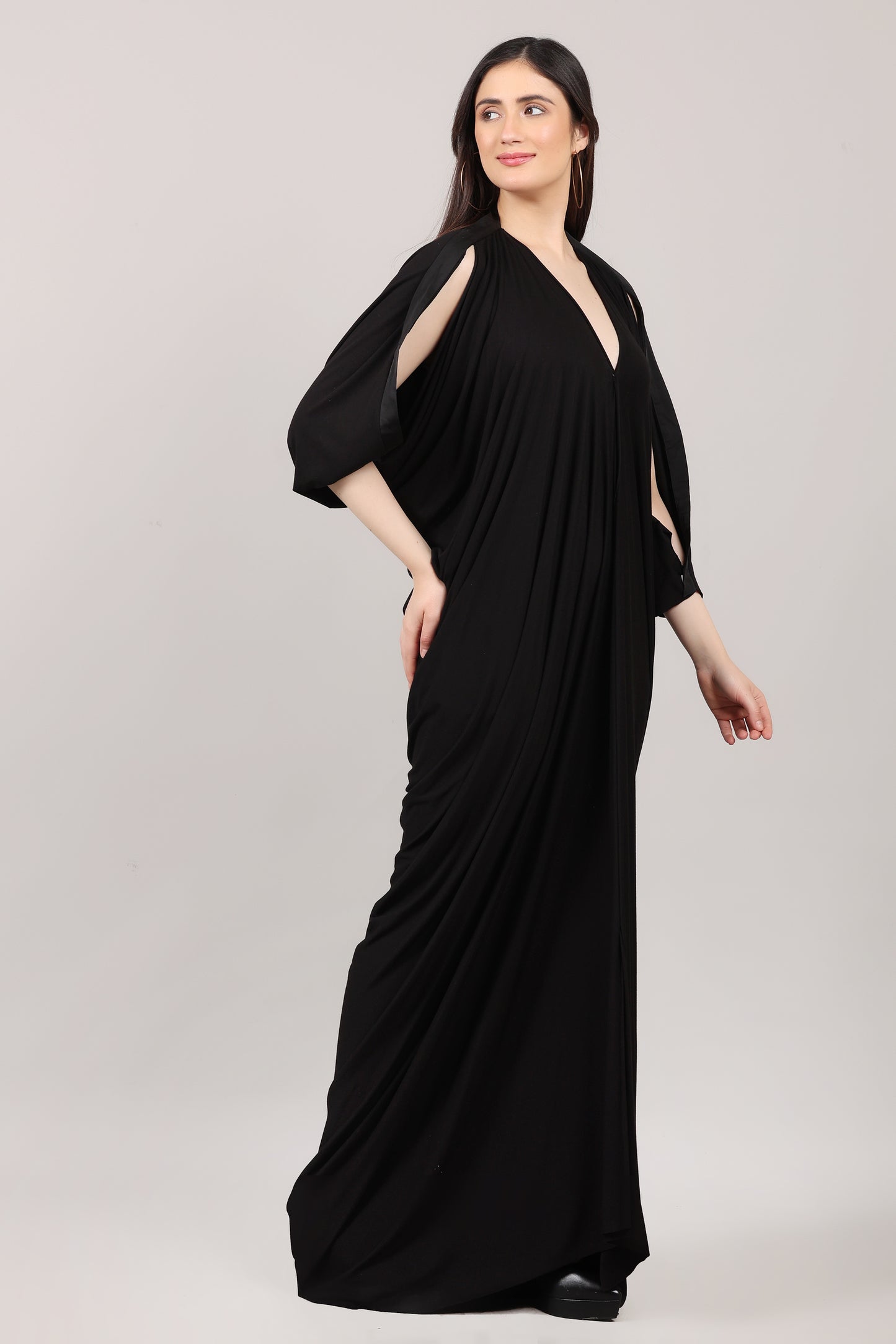 Solid Black Lycra V-Neck Kaftan Dress with Sleeve Slit Design