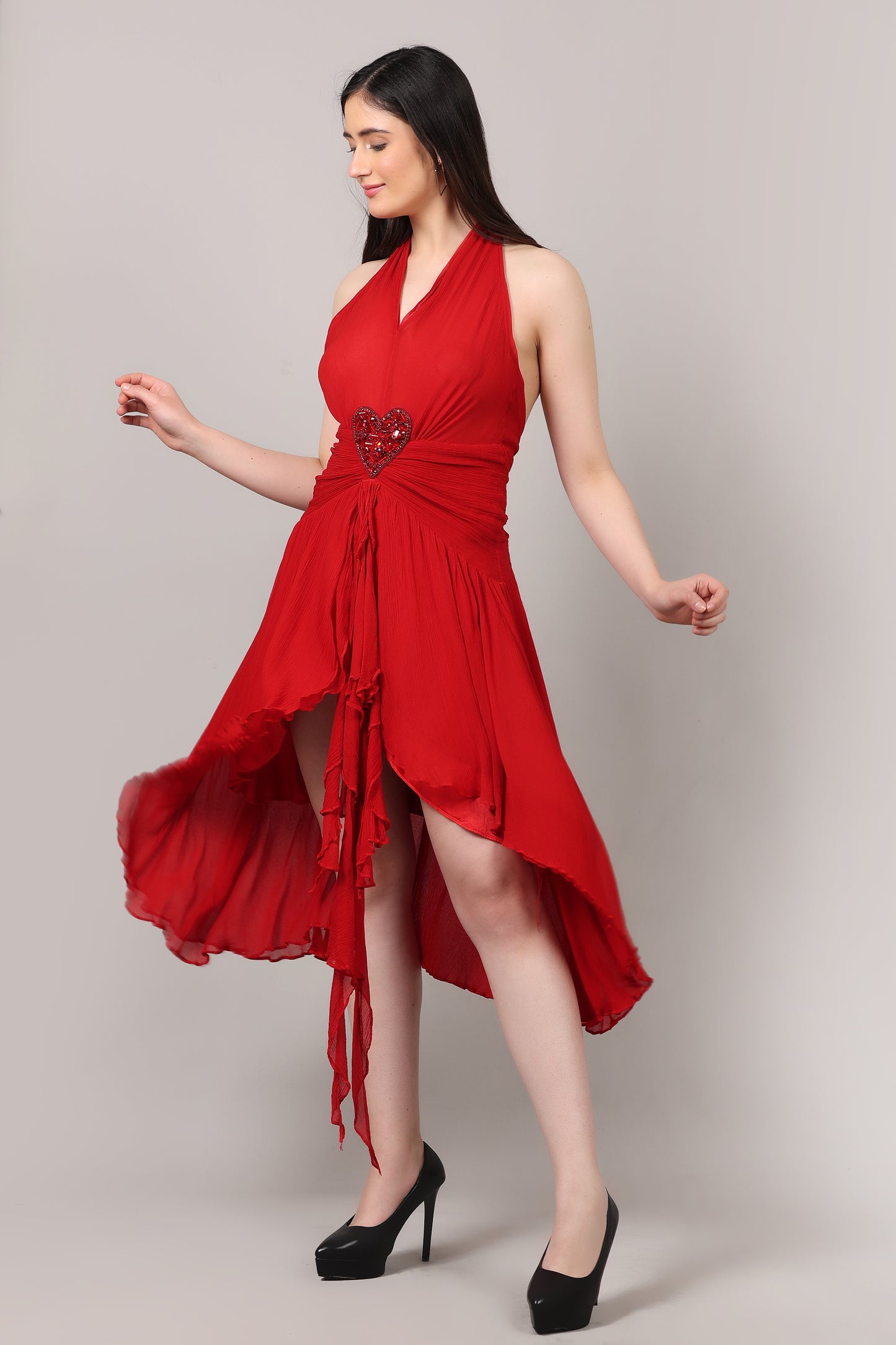 Red Backless V-Neck Hand-Embellished Heart Brooch Chiffon Dress