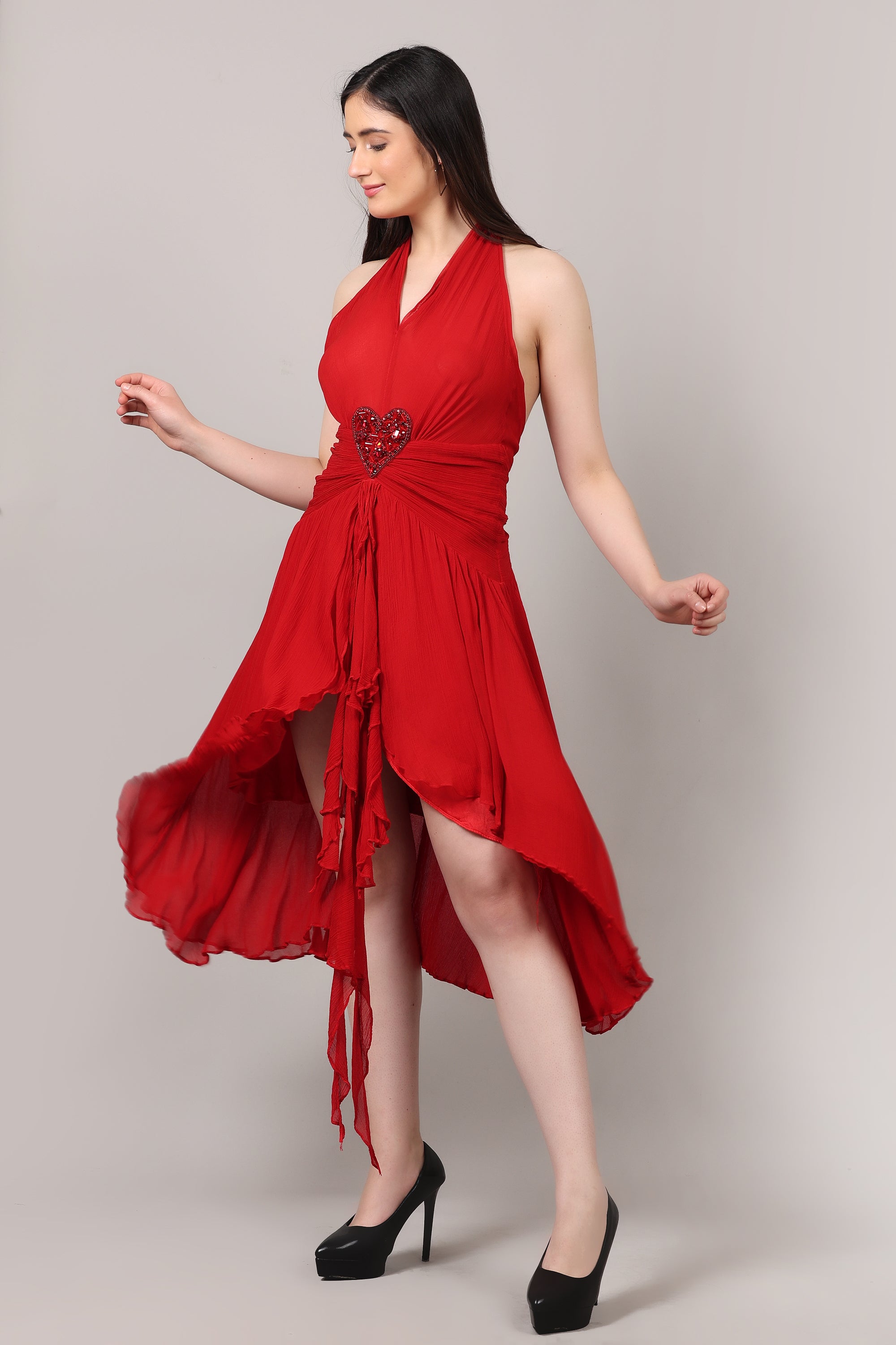 Red Backless V-Neck Hand-Embellished Heart Brooch Chiffon Dress