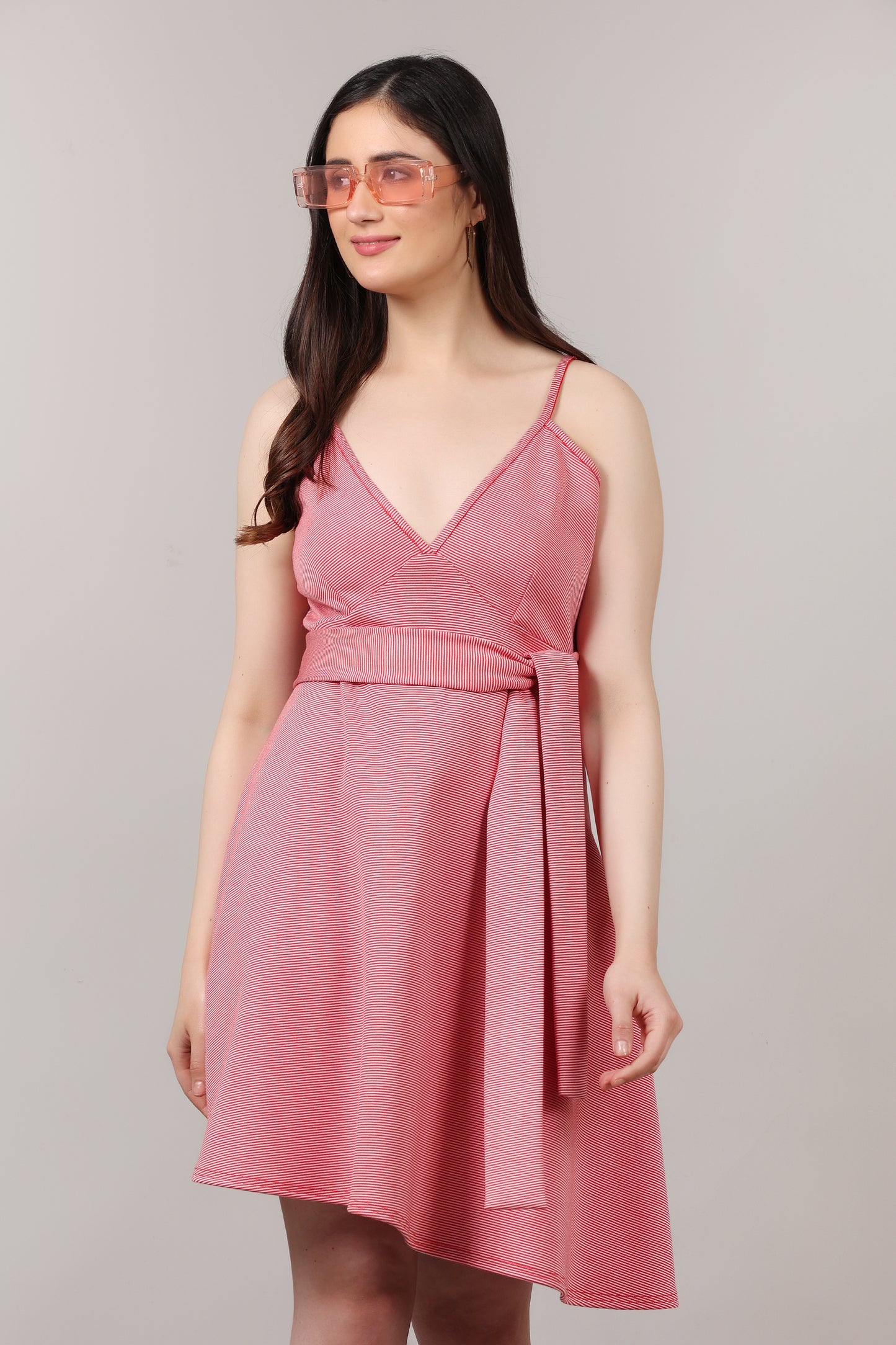 Red Stripe Print High-Low Dress with Multi-Styling Belt