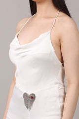 White Satin Tencel Cowl Neck Maxi Dress with Heart Brooch & Front High Slit