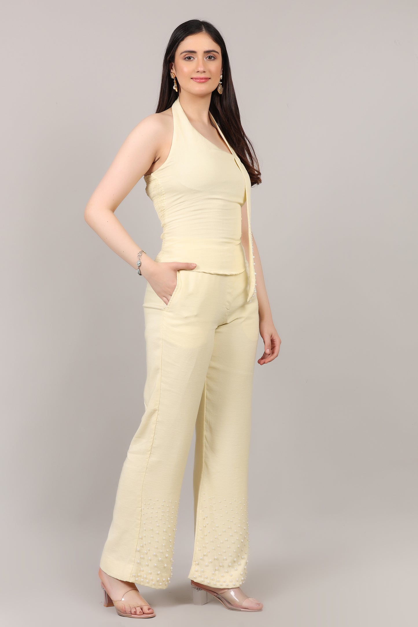 Cotton Linen Korean Tie-Up Top & Pearl Embellished Pants Co-Ord Set