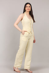 Cotton Linen U-Neck Tie-Back Top & Straight Pants Co-Ord Set with Hand Embellished Placket