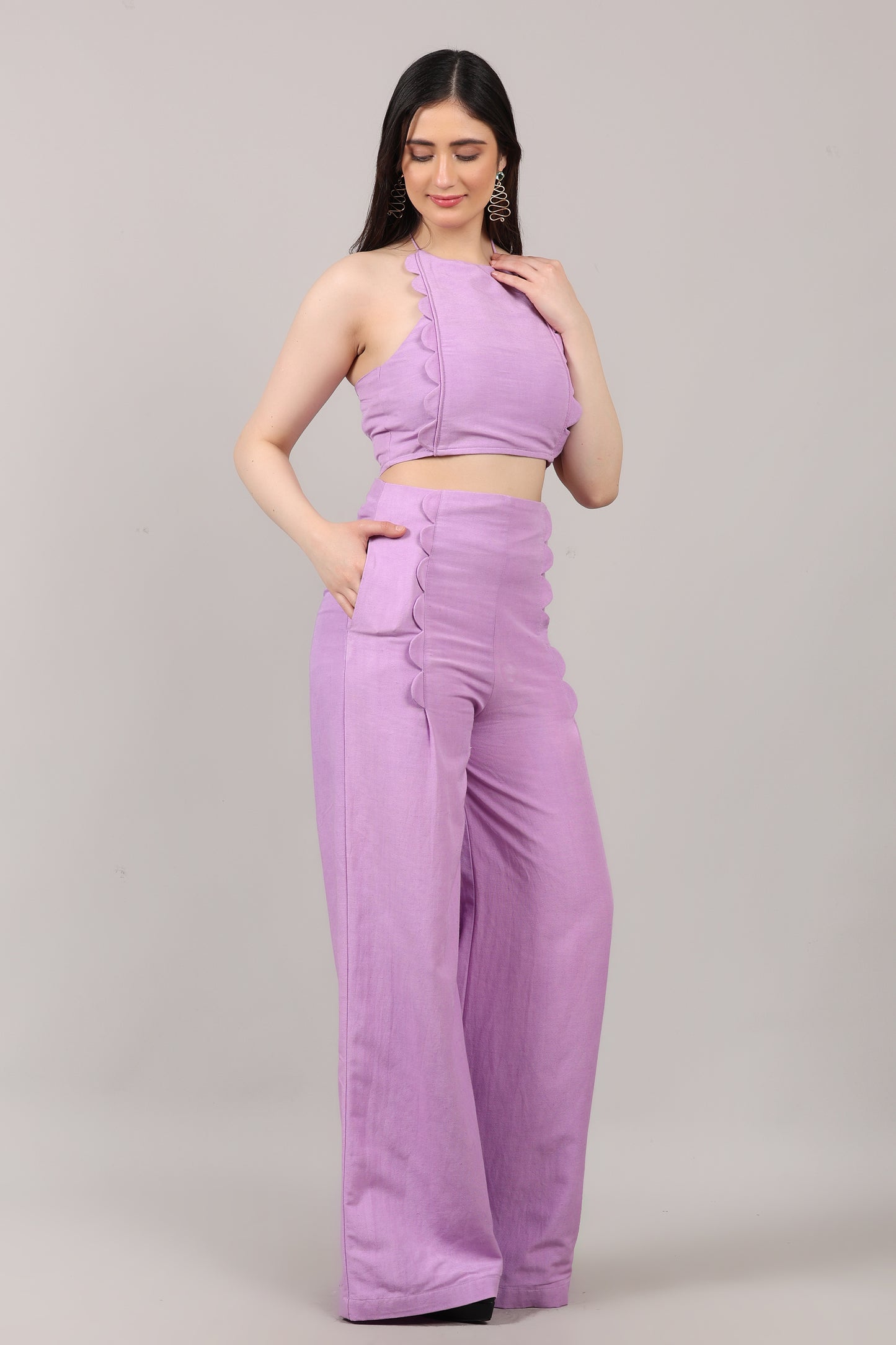 Lavender Cotton Linen Scallop Design Co-Ord Set with Backless Halter Top