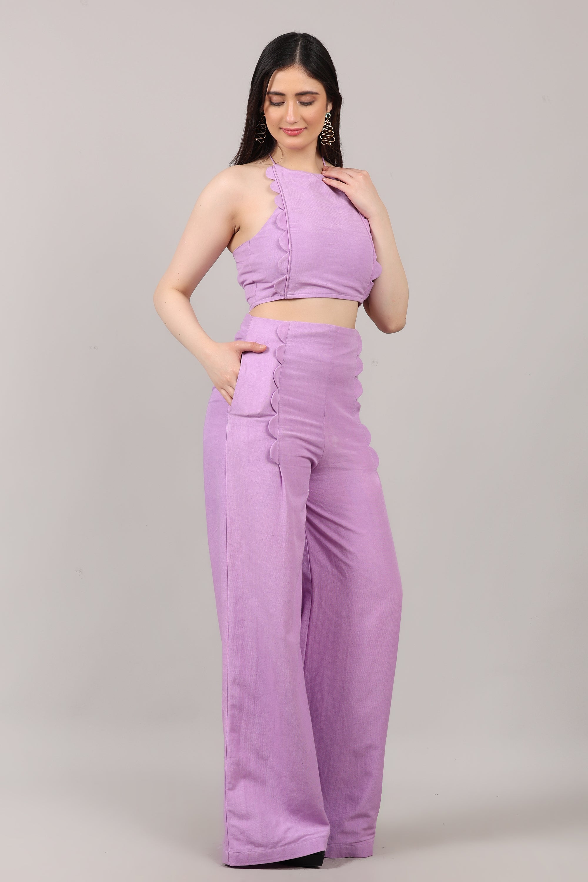 Lavender Cotton Linen Scallop Design Co-Ord Set with Backless Halter Top