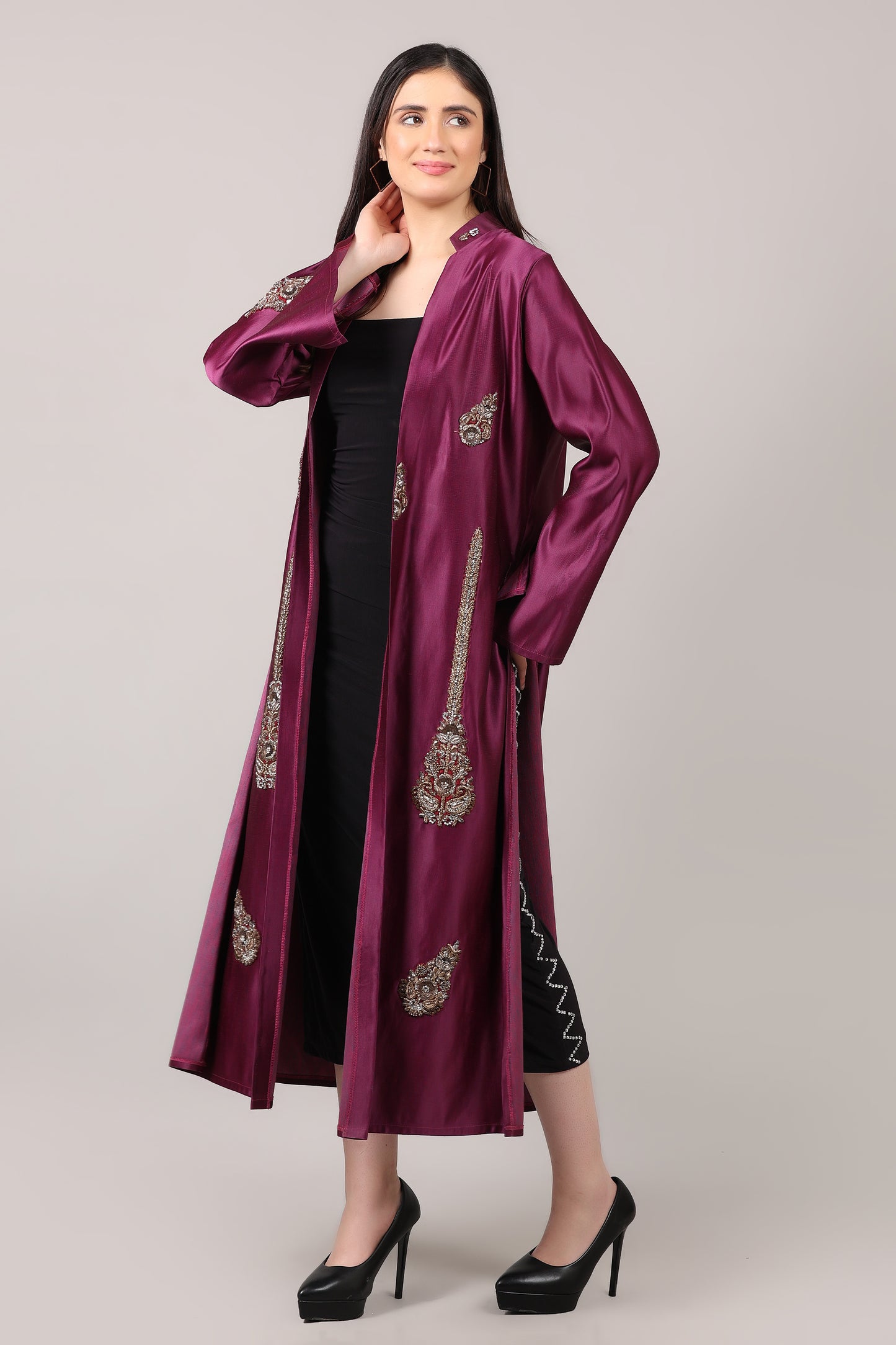 Royal Wine Embroidered Long Shrug