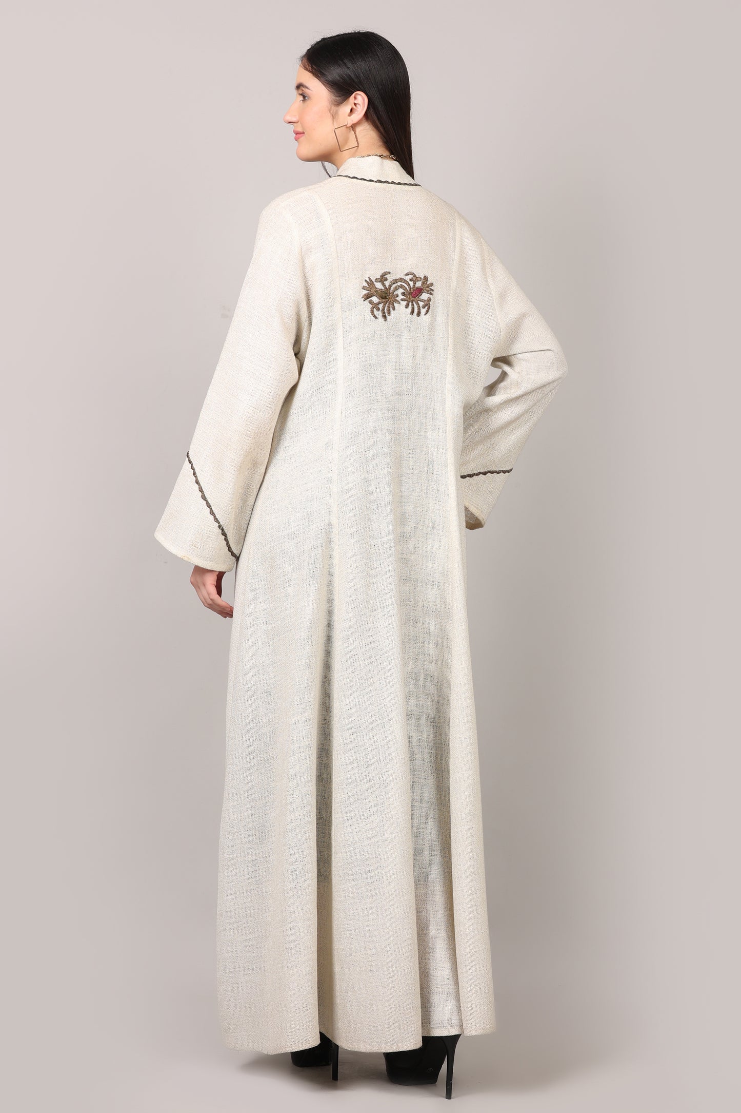 Ivory Elegance Cotton Embroidered Long Shrug